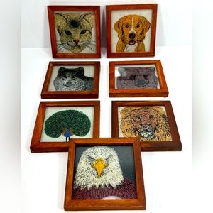 NIB - VERY UNIQUE Gemstone Art Wooden and Glass Coasters - Set of 7 Animals